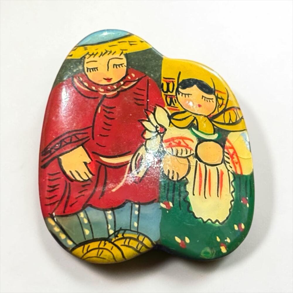 Vintage Folk Art Brooch Hand Painted Mother Child Floral Colorful Pin